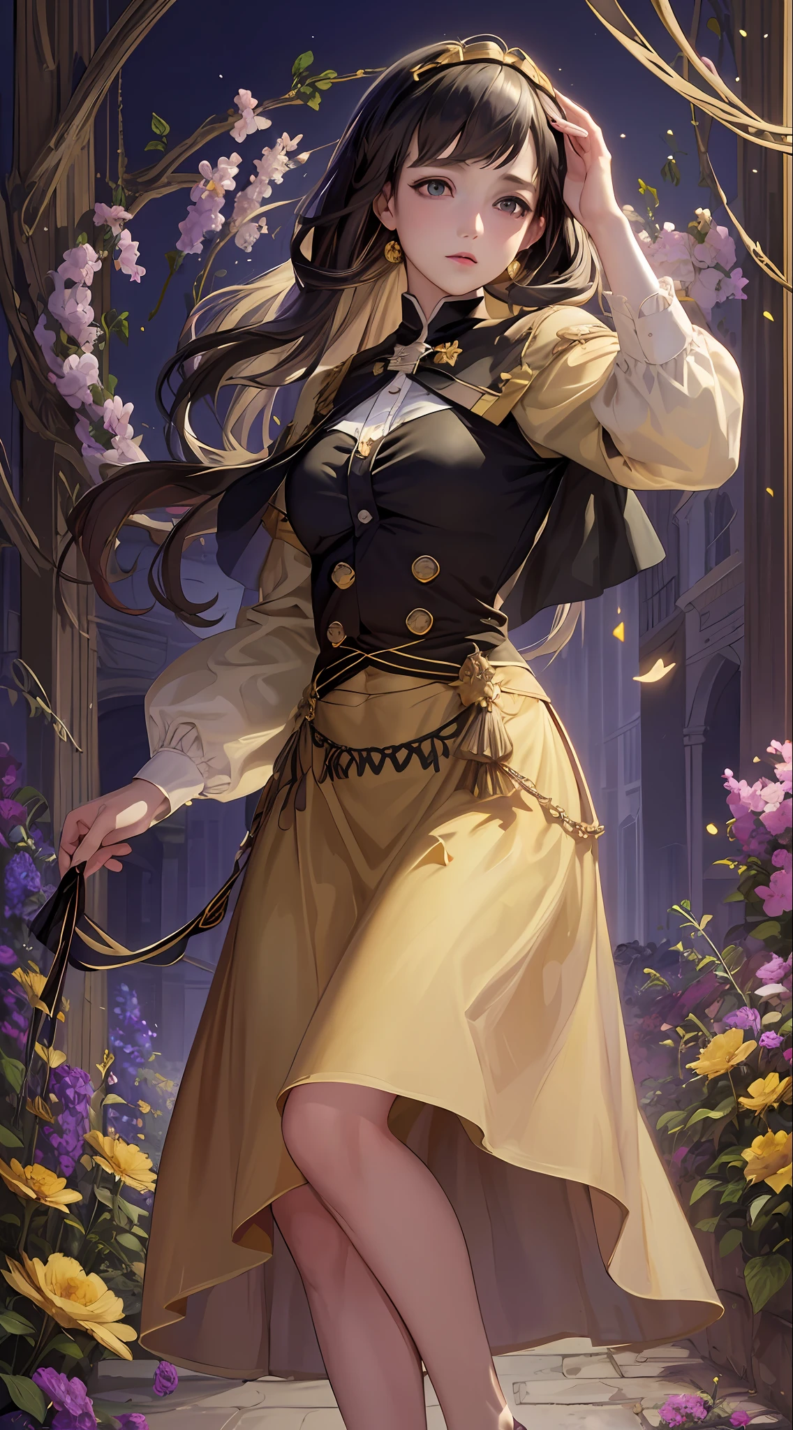 (masterpiece, top quality, best quality, official art, beauty and aesthetic: 1.2), (1girl: 1.3), pale skin, tiny breasts, navel, (red skirt), (yellow skirt), ( Green Dress), (Black Hair: 1.2), Complex Background, ((Flowers)), ((Golden Particles)), Glowing, Extremely Detailed, (Fractal Art: 1.3), Colorful, Most Detailed