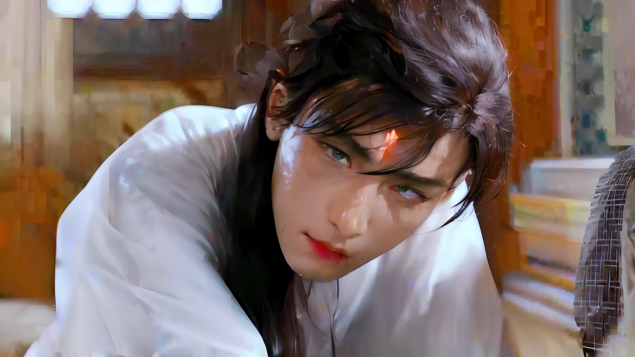(Male: 1.1), [Monochrome: Pastel Color: 0.6] Theme, (Masterpiece), (Best Quality), (Detail), Light Layer, Glossy Skin, (Complicated Details: 1.1), Black Hair, Long hair, black eyes, (masterpiece), anime, best quality, (photo_\(medium\):1.0), by Antonio J. Manzanedo, by Jeremy Lipking, lightning, in a surreal landscape,