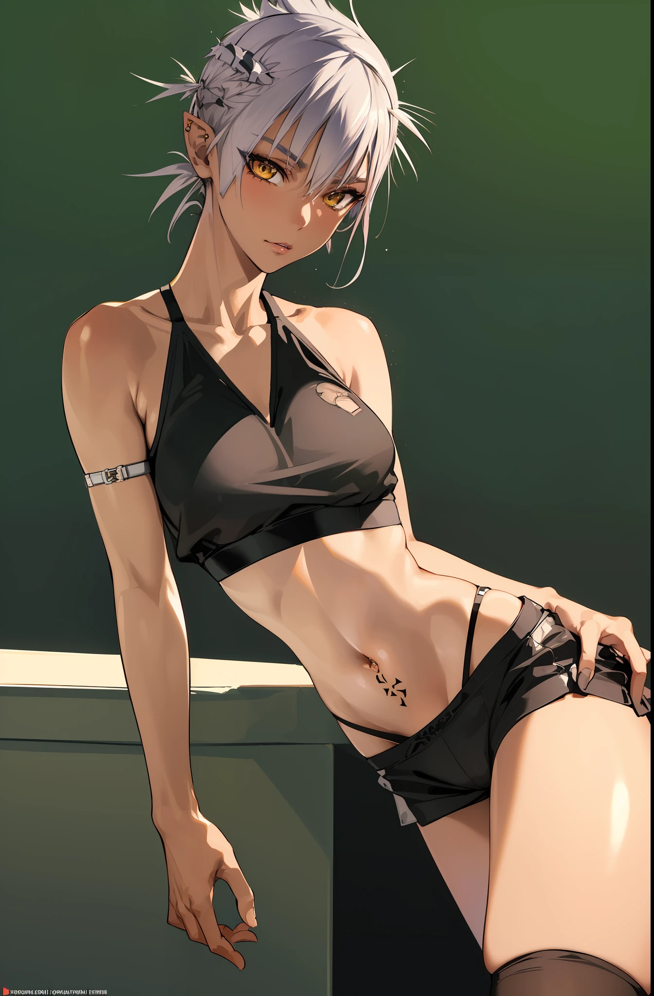 Solo, Boxer, Top quality, Masterpiece, Highly detailed CG, Highly detailed 8K wallpaper, Bird&#39;s eye view, Highly detailed character, Standing upright, Side view (very detailed and beautiful portrait), Medium bust, Beautiful lines , sports bra, chest skating, shift boxer shorts, open legs, chuck open, underwear shift, see-through bra, portrait, solo, clear focus, (((side shaved hair))), dark-skinned tomboy , butler, navel piercing, tattoo under eyes, short hair, yellow eyes, detailed close-up portrait,