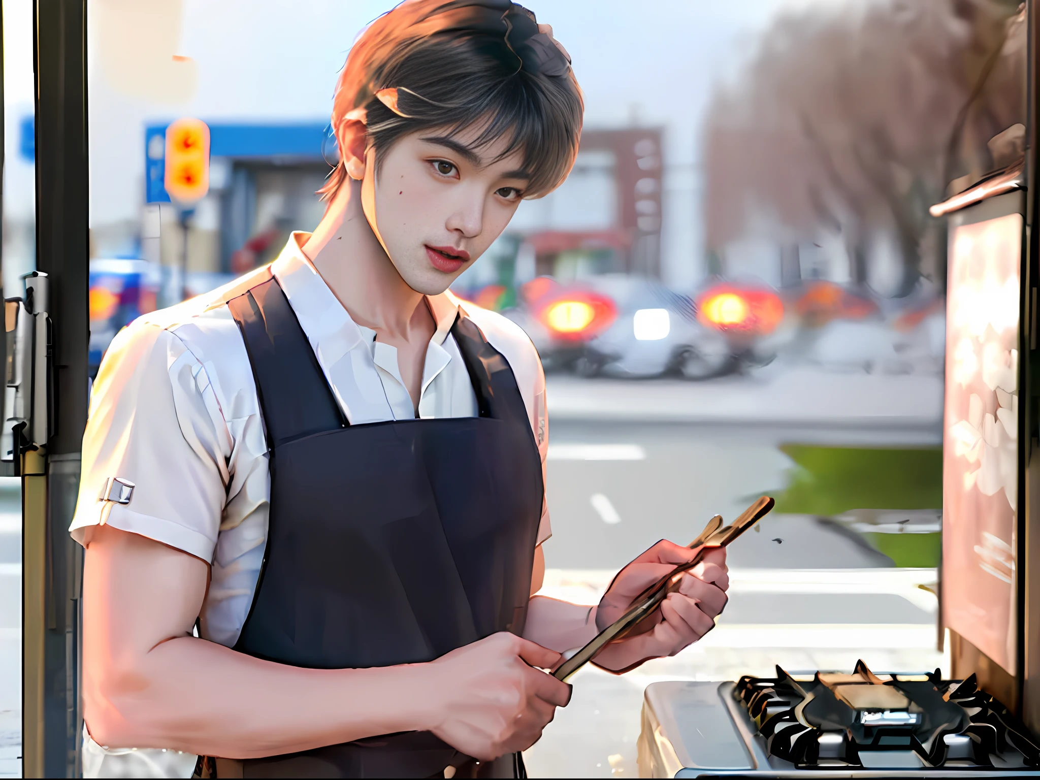 The sunny and handsome boy is frying rice by the side of the road. His facial features are clear. The stall reads: The price is clearly marked 10,000 copies, and the stall is full of people.
