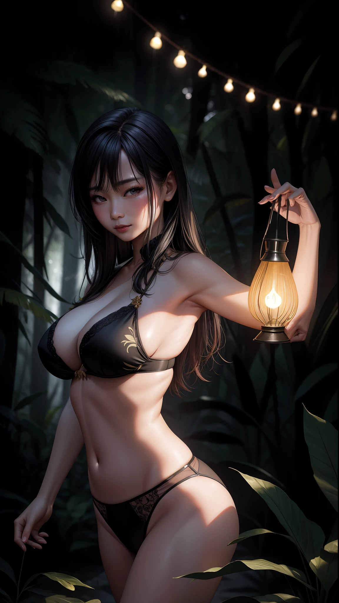 best quality, masterpiece, high detail, realistic, highest resolution, adult, vietnamese woman 1 , woman dancing in deep forest, tropical forest, jungle, Vietnam, ancient, night, ancient underwear, archaeological site, Very seductive posture, lustful face, only lamplight, very little light, very dark, foggy.