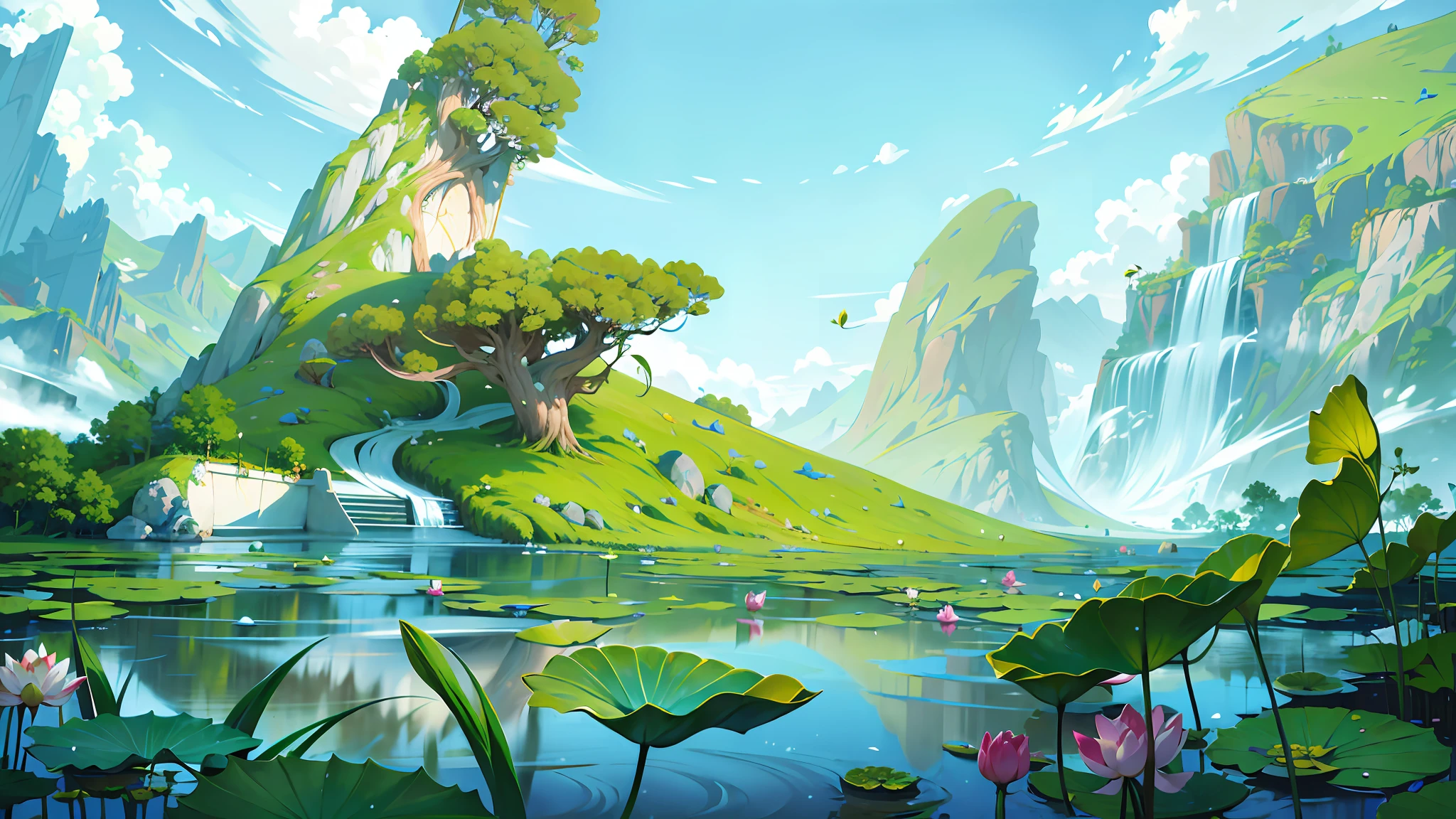 (8k, RAW photos, best quality, proficiency: 1.2), (fidelity, reuthentic: 1.37), pond, lotus, lotus leaves, large perspective, golden ratio, hillside, stone pillars, trees, blue sky, white clouds