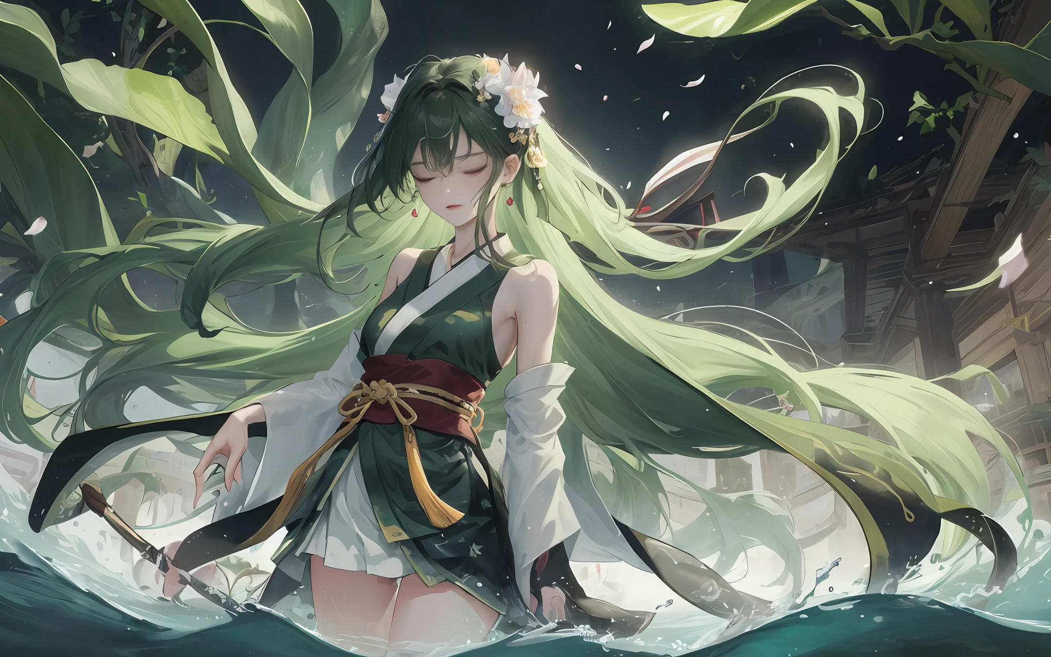 Dark green Hanfu, a woman, cool, fair skin, sea of flowers, pond, petals floating on the water, lily, clavicle, eyes closed, half submerged in water, dark background, moonlight, hairpin, jade pendant, Hanfu, delicate faces, hair accessories, red lips, skirts, belts, jewelry, long hair, earrings, , strands of hair, perfect body proportions, wet, slender legs, bridges,