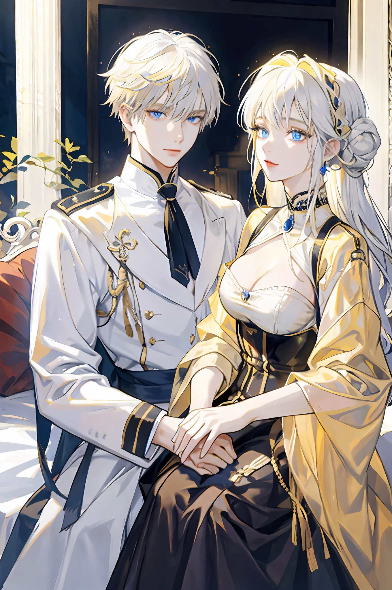 White-haired woman, blue-eyed woman, embraced by a blond man, royalty, high quality, highly detailed, detailed face, couple, yellow-haired man