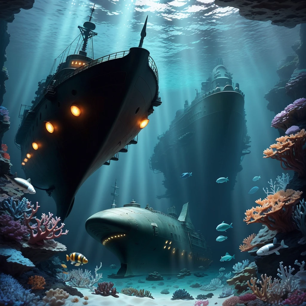 (under the sea), sunken rusty warship stays in front of the camera, Atlantis background, a beam of sunlight, killer whales, sea snakes, turtles, manta rays, electric rays, corals, halos, chromatic aberration, photorealism, intricacies , high detail