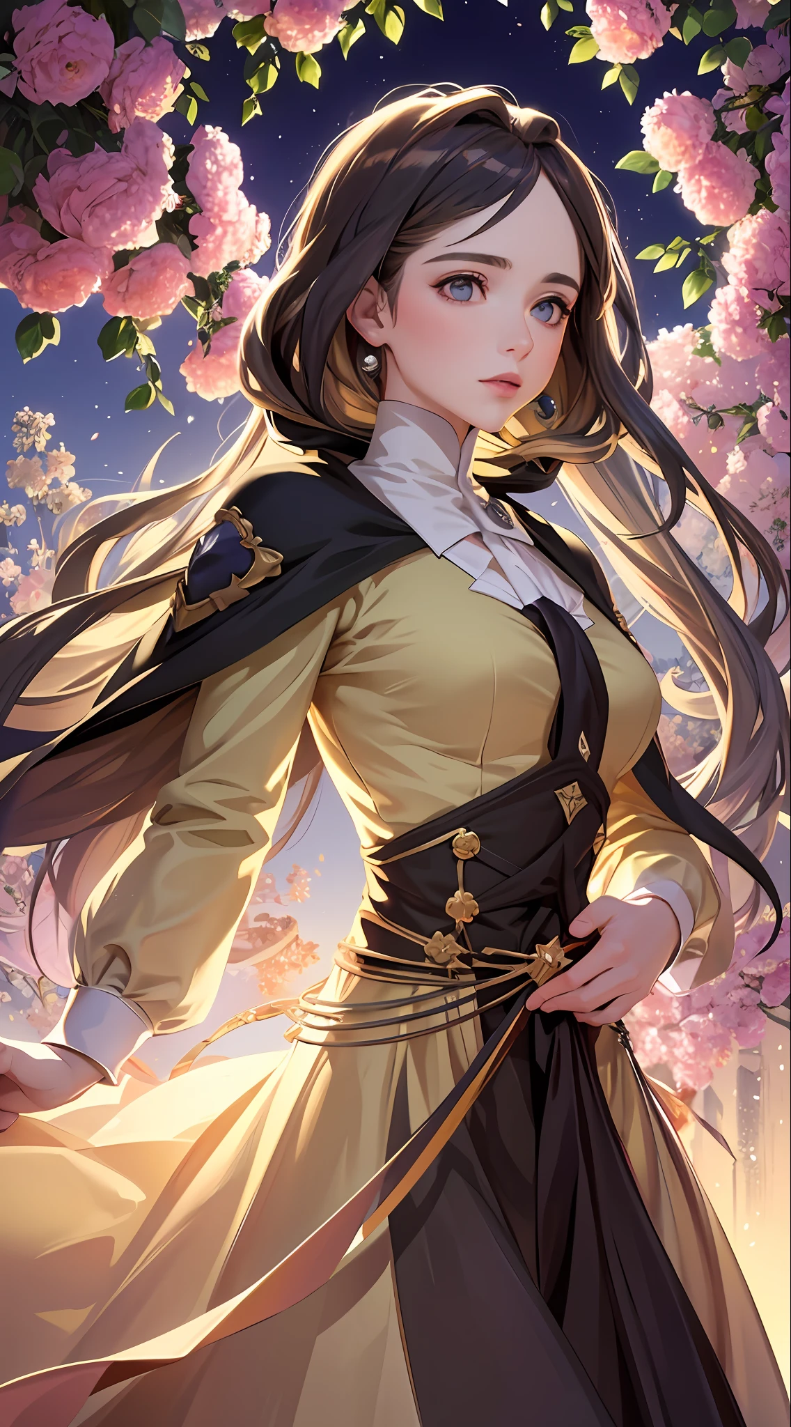 (masterpiece, top quality, best quality, official art, beauty and aesthetic: 1.2), (1girl: 1.3), pale skin, tiny breasts, bare shoulders, soft navel, (red dress), (yellow dress), (green dress), (black hair: 1.2), complex background, ((flowers)), ((golden particles)), glowing, extremely detailed, (fractal art: 1.3), colorful, most detailed