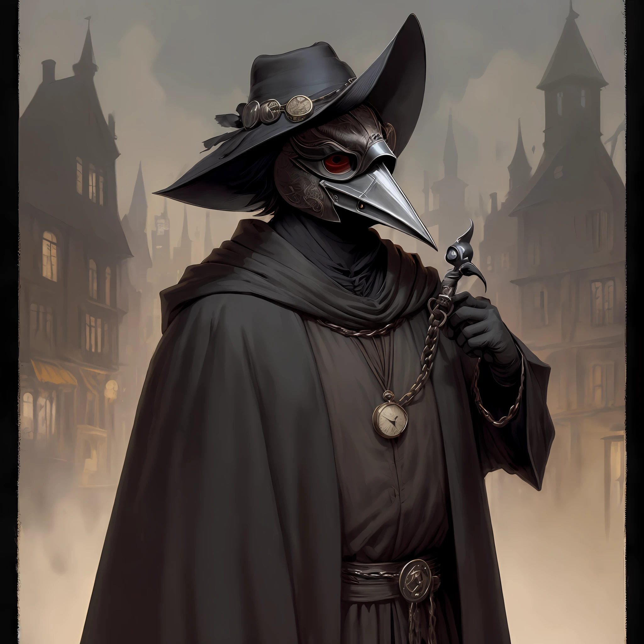 (masterpiece, best illustration,) medieval, beak mask, black robe, city background, doctor, masked, alone, clear, fine motor, wearing a hat with a brim, wearing glasses, can&#39;t see glasses, holding Pocket watch with a chain and a crow parked in the hand