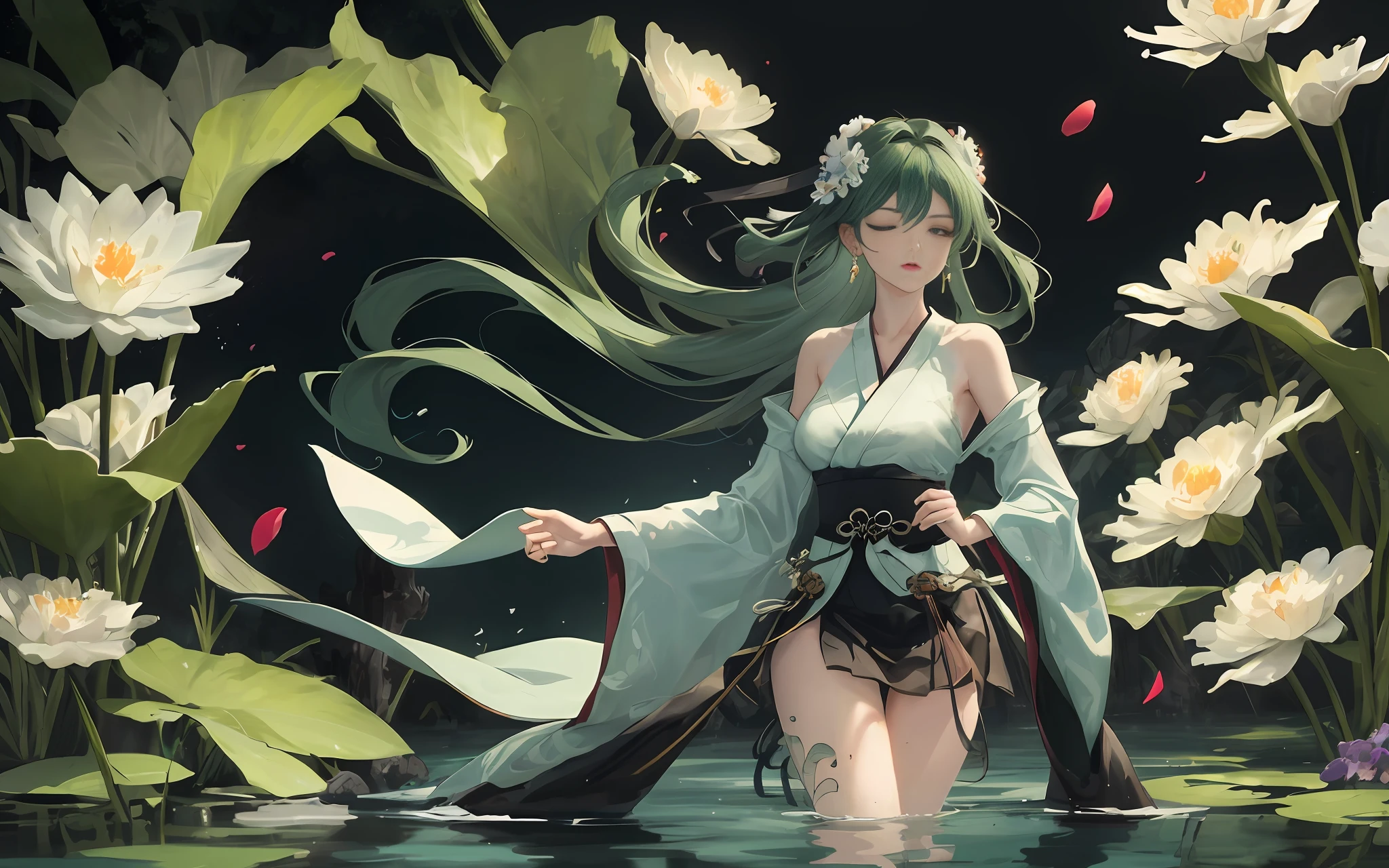 Dark green Hanfu, a woman, cool, fair skin, sea of flowers, pond, petals floating on the water, lily, clavicle, eyes closed, half submerged in water, dark background, moonlight, hairpin, jade pendant, Hanfu, delicate faces, hair accessories, red lips, skirts, belts, jewelry, long hair, earrings, , strands of hair, perfect body proportions, wet, slender legs, bridges,
