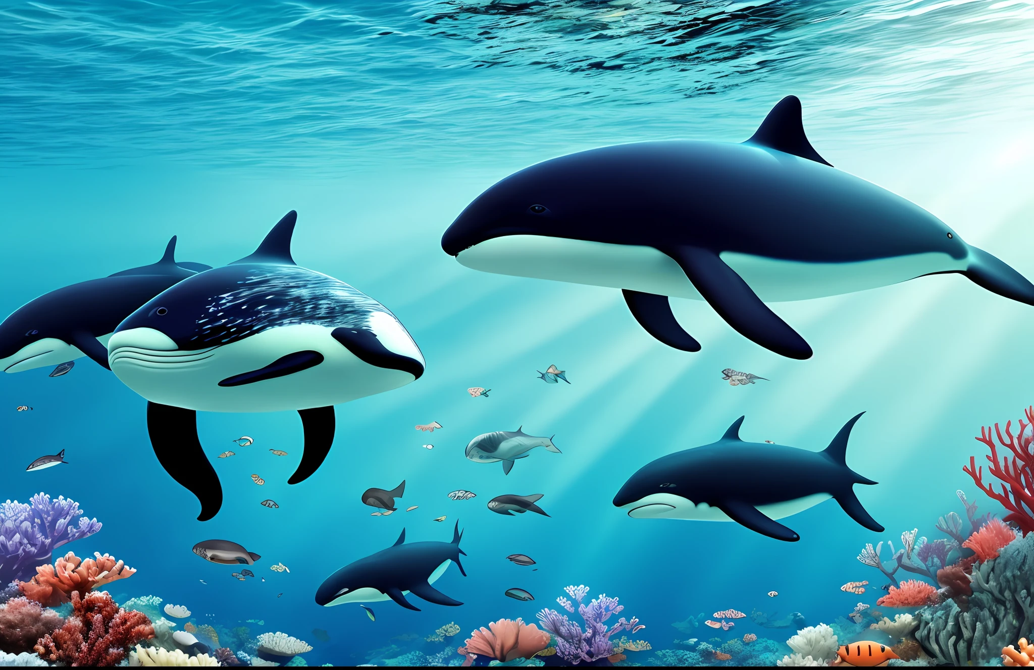 There are two whales swimming in the ocean surrounded by fish, unbelievable depth, amazing depth, underwater world, , beautiful wallpaper, tropical sea life, school of colorful fish, high quality wallpaper, sea bottom, coral reef, high quality wallpapers, underwater life, underwater scenery, killer whales, seabed, amazing wallpapers, beautiful high resolution, backgrounds