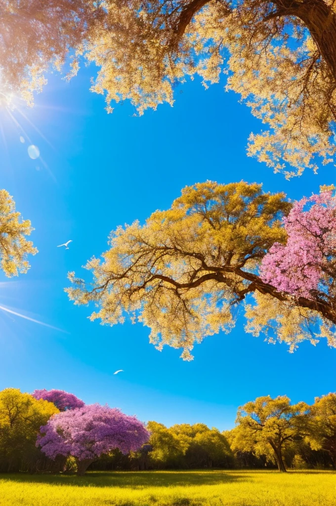 On a clear, bright day, there's a dream-like scene. There are colorful trees, in various bright shades, with a deep, rich blue sky that goes on forever.
The sun has a halo around it, the air is filled with bright flowers, and there's a feeling of light, happiness, and joy. It's almost like a dream or a child's drawing. There's nothing in the world but nature, and the colors are intense and vibrant.
Everything is simple, peaceful, and beautiful.