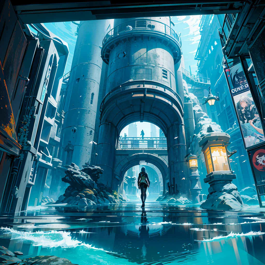 ((under the sea)), many fishes around the ocean, cyberpunk style, the city under the ocean, ((masterpiece)), magic ocean, scene, game, mysterious, hidden, fantastic, Atlantis,