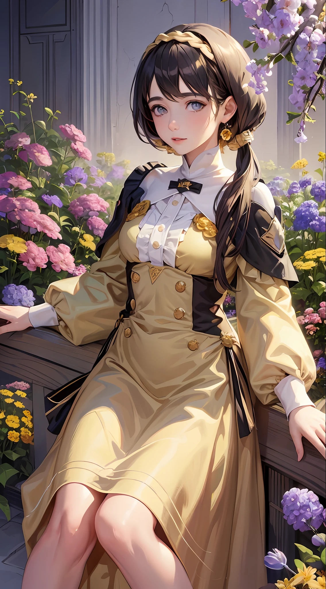 (masterpiece, top quality, best quality, official art, beauty and aesthetic: 1.2), (1girl: 1.3), pale skin, tiny breasts, bare shoulders, soft navel, (red dress), (yellow dress), (green dress), (black hair: 1.2), complex background, ((flowers)), ((golden particles)), glowing, extremely detailed, (fractal art: 1.3), colorful, most detailed