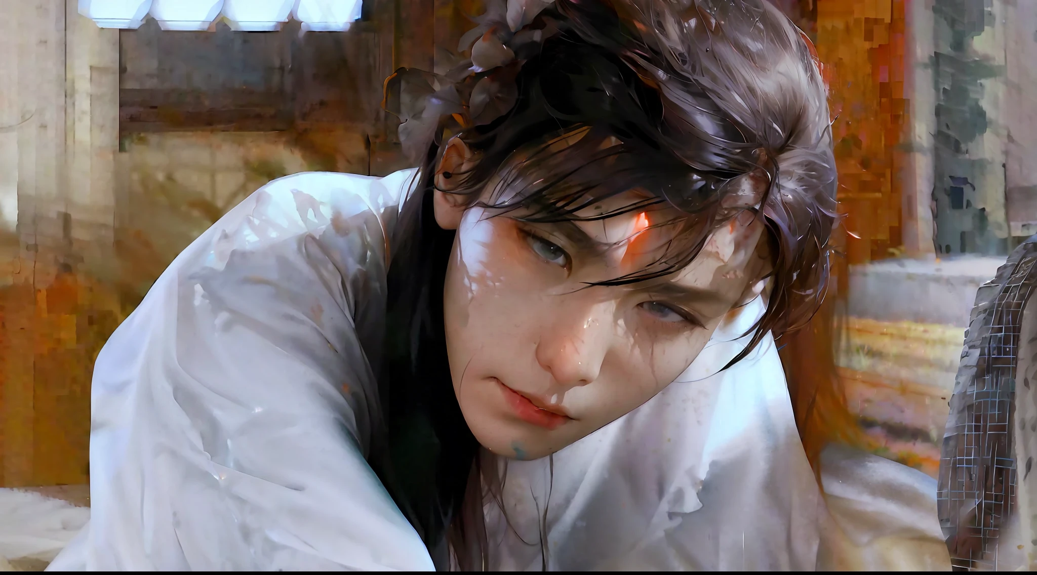 (男性:1.1),(masterpiece), 动漫, best quality,(photo_\(medium\):1.0), by Antonio J. Manzanedo, by Jeremy Lipking, lightning, in a surreal landscape, painting style with watercolor, 笔触, black eyes,