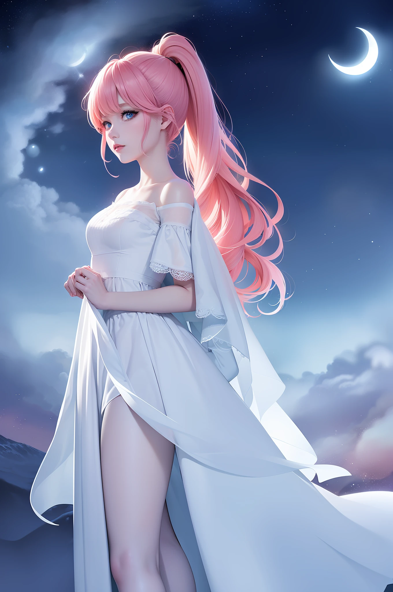Masterpiece, (Best Quality: 1.2), (Super Fine: 1.2), Illustration, (Extremely Delicate and Beautiful: 1.2), Film Angle, Floating, (Beautiful Detail Eye: 1.1), (Detail Light: 1.1), Film Lights, Delicate Sky, Woman, Pink Hair, Blue Eyes, (High Ponytail: 1.1), Cloak, Glowing Eyes, (Moon: 1.2), (Moonlight: 1.1), Starry Sky (1.1), Milky Way (Light Particles: 1.1), fog, snow painting, sketching, blooming