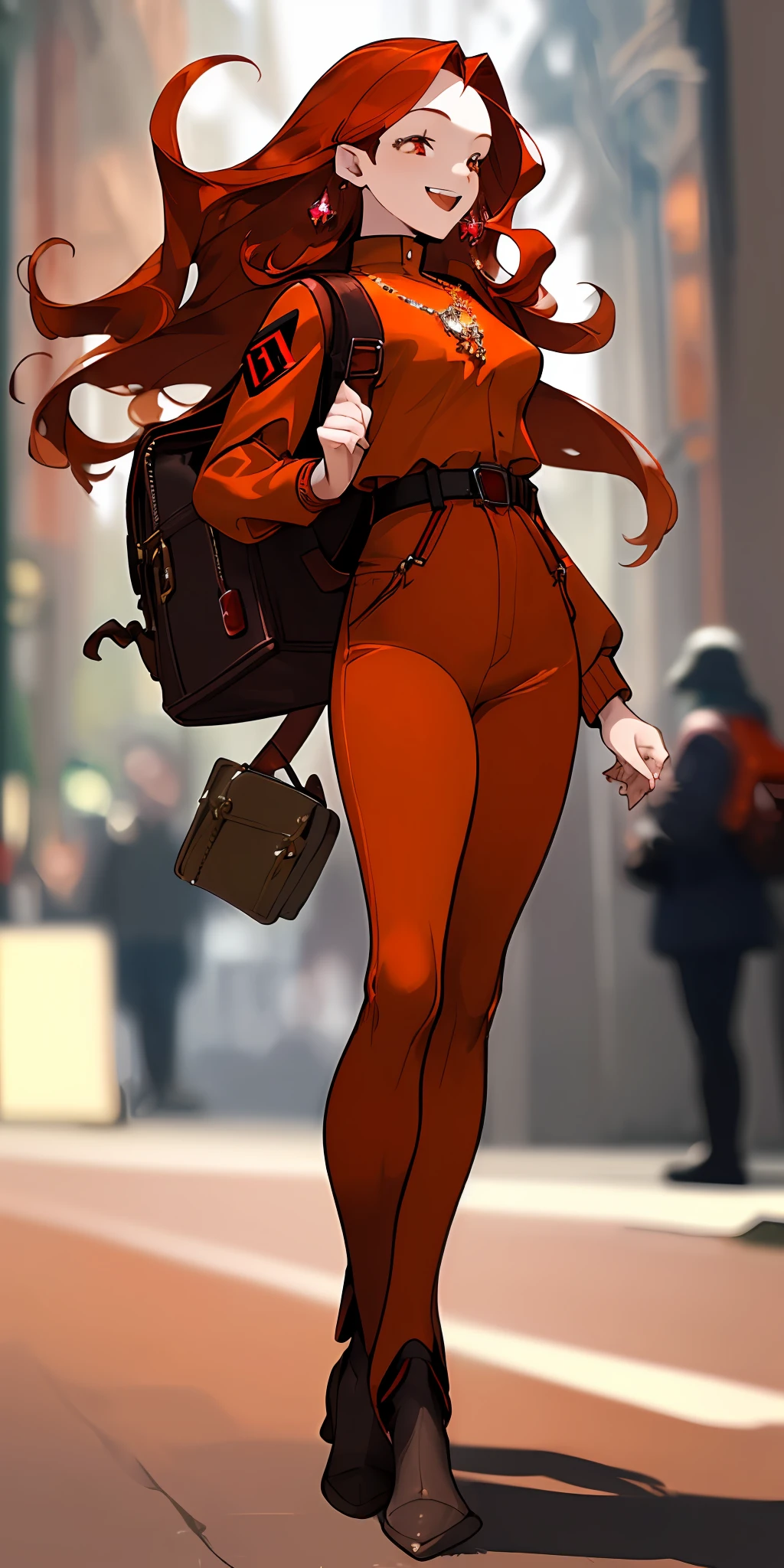 (masterpiece, best quality), beautiful and clean face, full body, 1girl, wearing a dark red tech jacket (Nazi: 1.2), orange trousers, buckle belt, (crystal necklace), posing, red long hair, big Long legs, happy and warm laughing, carrying a backpack, exquisite facial features, street, blurry foreground