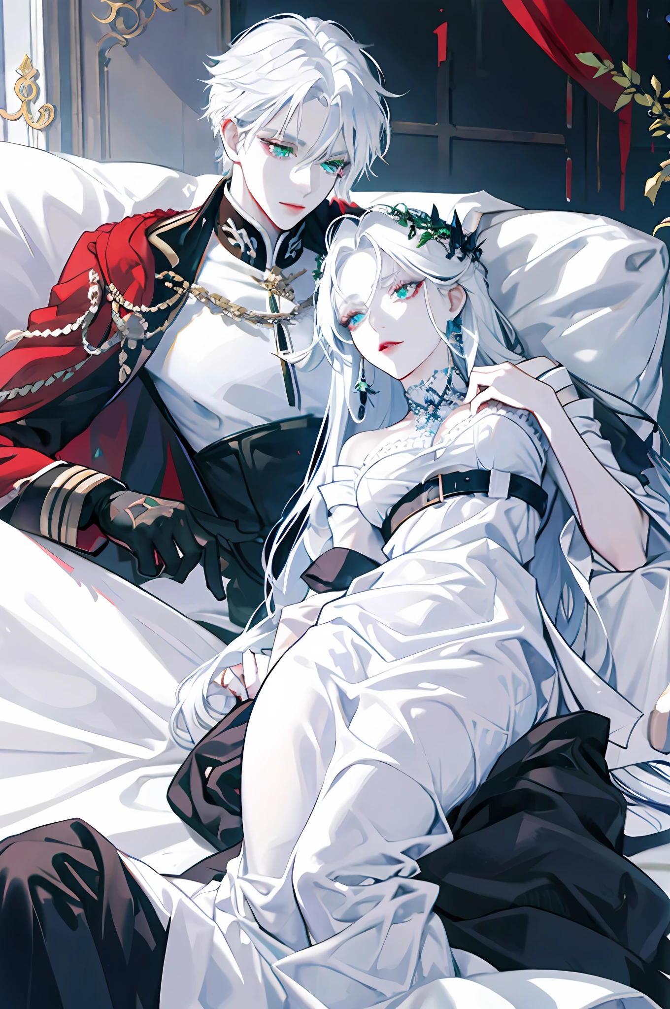 White haired woman, blue eyes, royalty, high quality, highly detailed, detailed face, white skin, beautiful, sexy woman, red dress, lying down with a man with black hair and green eyes