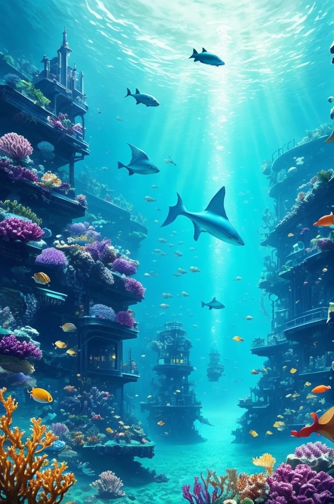 ((under the sea)), many fishes around the ocean, cyberpunk style, the city under the ocean, ((masterpiece)), magic ocean, scene, game, mysterious, hidden, fantastic, Atlantis,