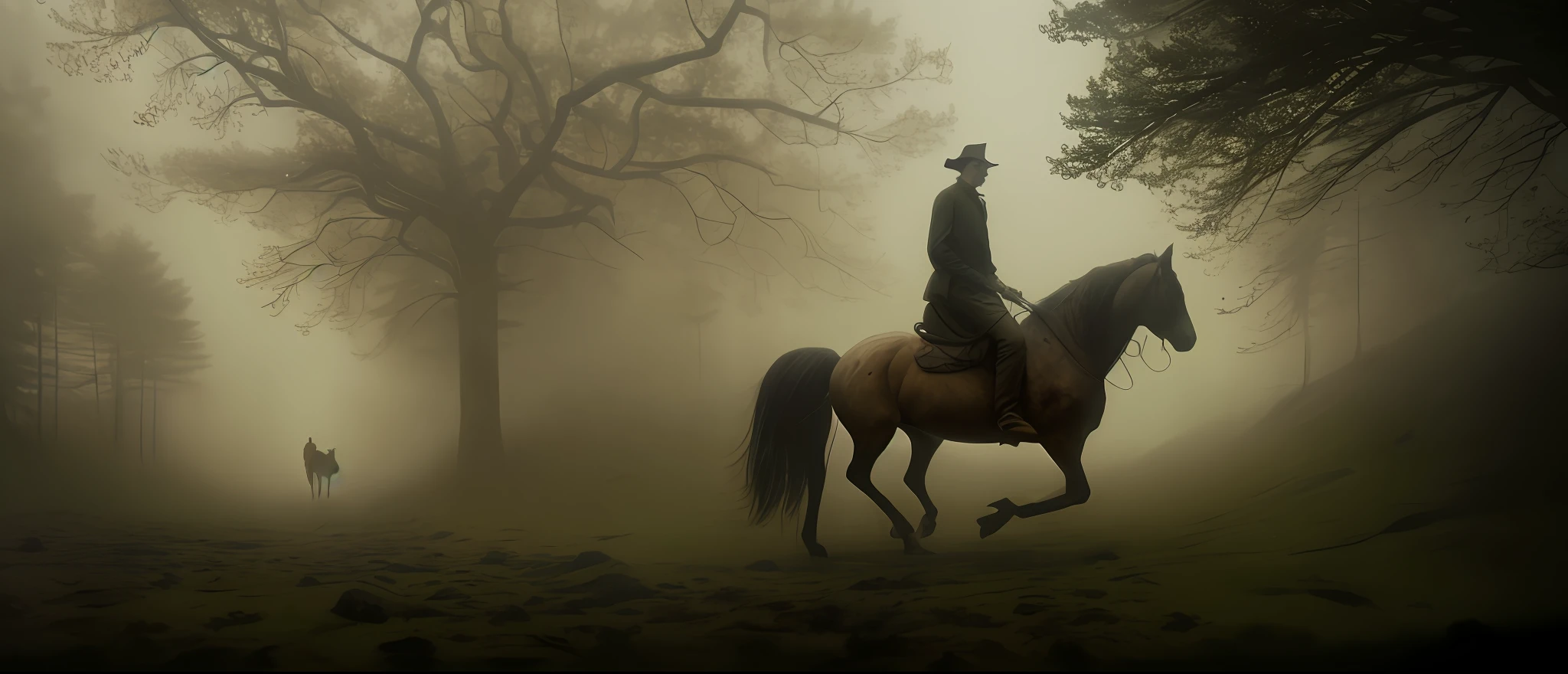 there is a man riding a horse through a forest on a foggy day, eerie nostalgic concept art, by maxim verehin, inspired by Jakub Schikaneder, by Artur Tarnowski, inspired by maxim verehin, dark cinematic concept art, by Ludwik Konarzewski Jr, cinematic matte illustration, by Adam Marczyński