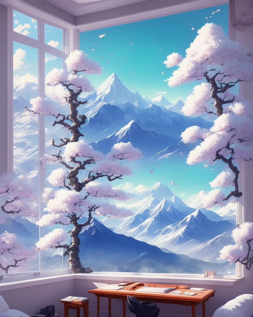 hestyle room, beautiful gaming room, mountains view from window, spring, cherry blossom, snowfall, snow on top of mountains