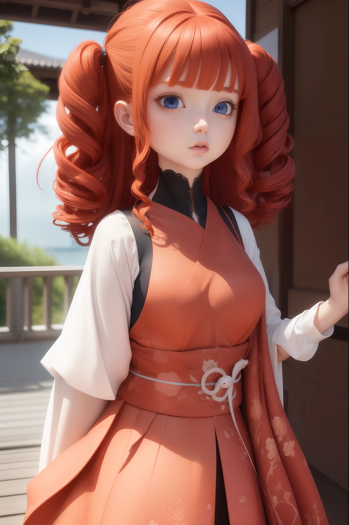 best quality, masterpiece, Red curly hair, blue eyes, big eyes, looking up, upper body, Japanese girl, Arnold render, 3d art