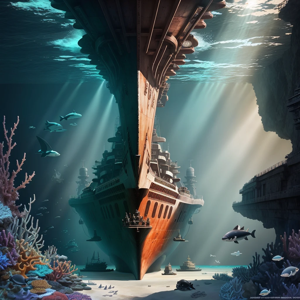 (seabed), rusty warships stay in front of the camera, Atlantis background, temple, a beam of sunlight, killer whales, sea snakes, sea turtles, manta rays, electric rays, corals, halos, chromatic aberration, real sense, intricacy, high detail,