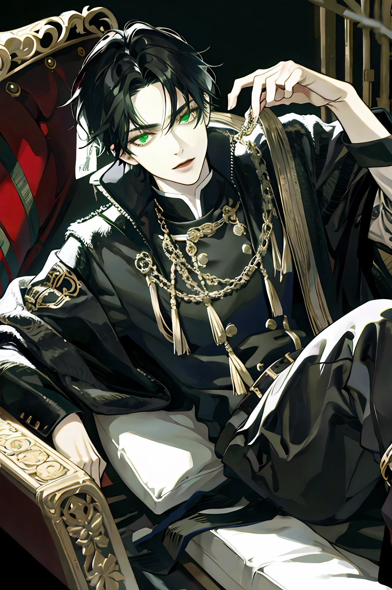 Black haired man, green eyes, sexy, royalty, bad boy, white skin, high quality, highly detailed, detailed face, lying down