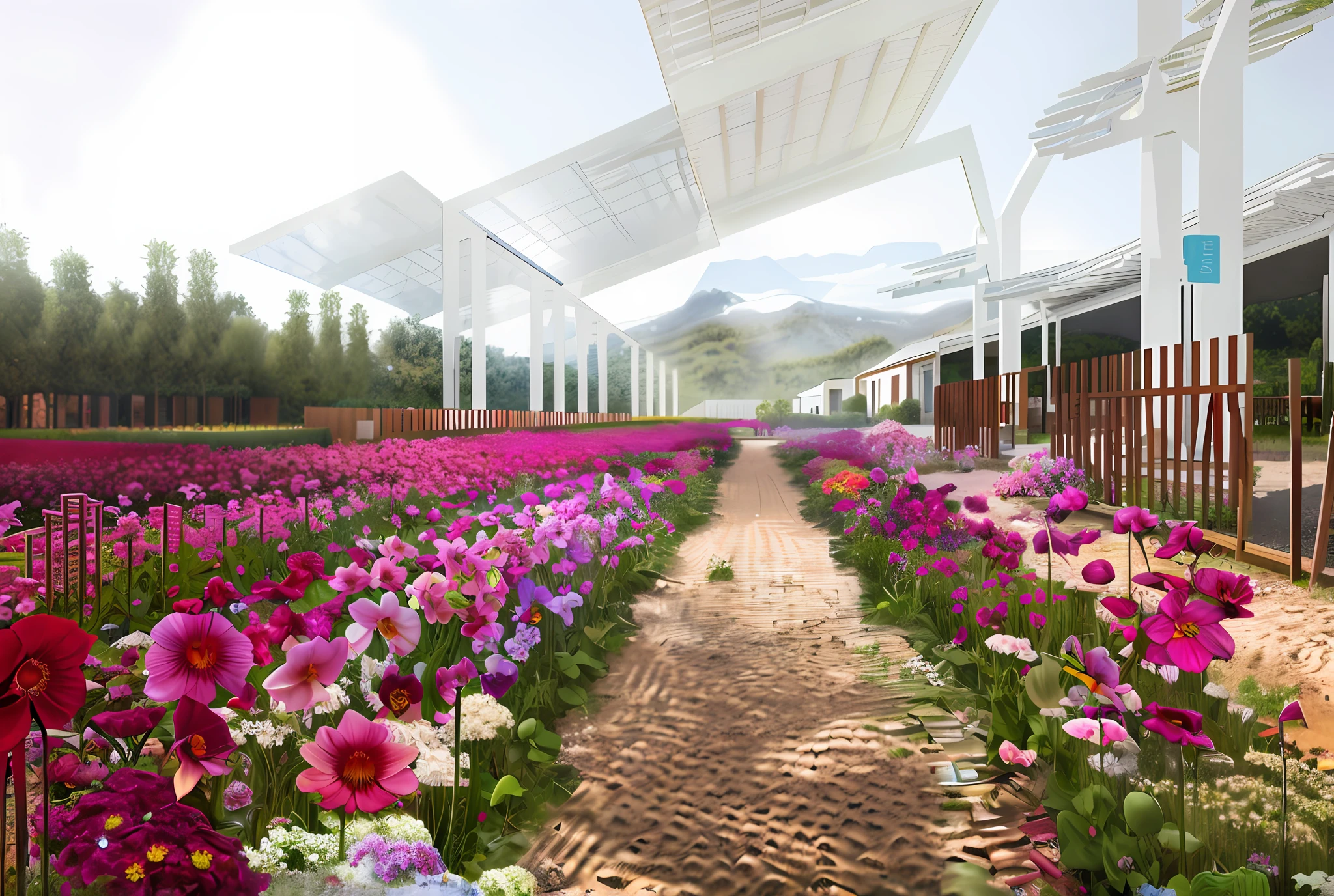 There is a gravel road leading to the flower-covered area, the garden under the photovoltaic panels, (planting Phalaenopsis: 5) digital rendering, with the flower field in the foreground, concept rendering, digital rendering, concept, Jang Seung-eop, woo kim, flower environment , surreal, enscape render, inspired by João Artur da Silva, perspective drawing, digital rendering, final rendering