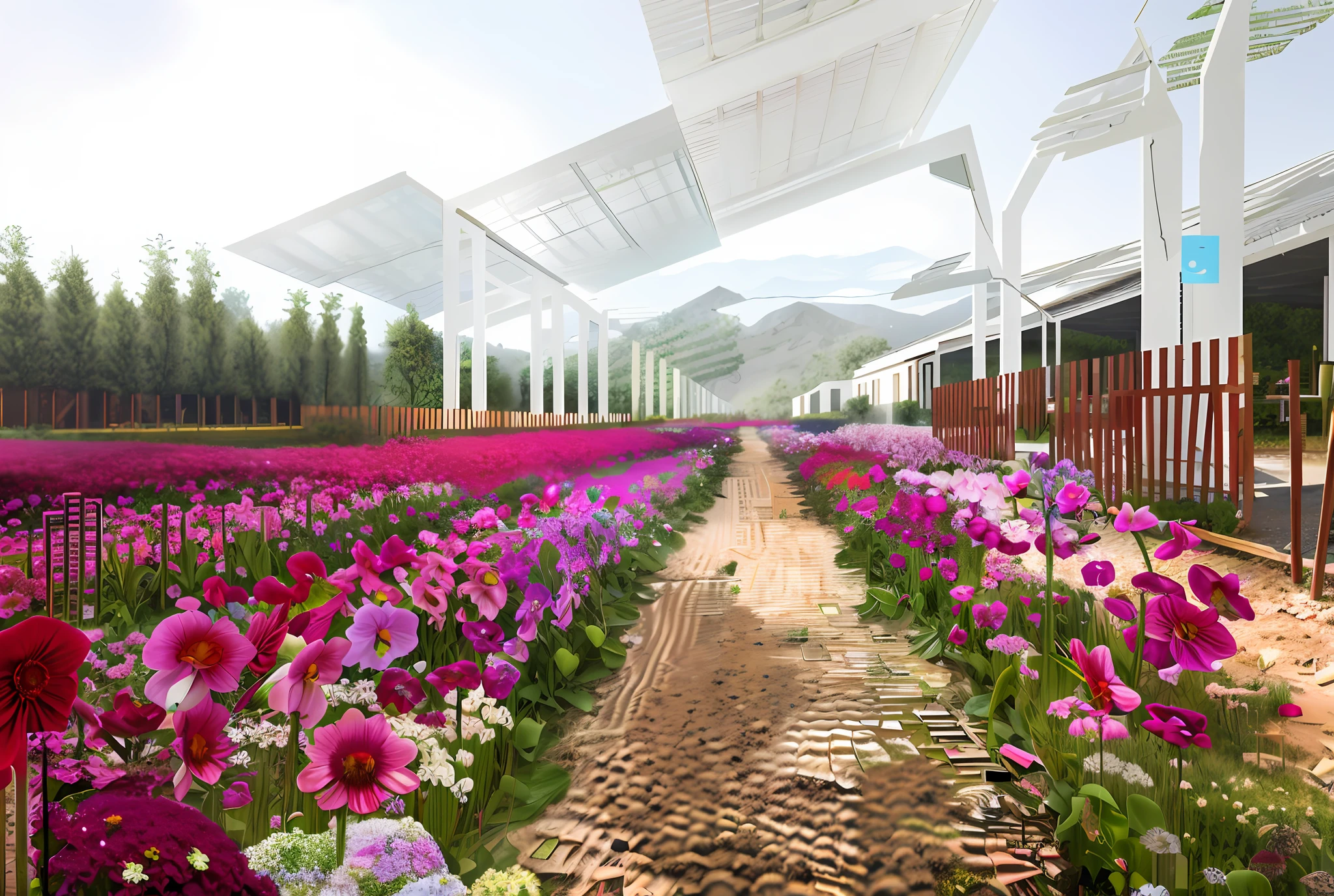 There is a gravel road leading to the flower-covered area, the garden under the photovoltaic panels, (planting Phalaenopsis: 5) digital rendering, with the flower field in the foreground, concept rendering, digital rendering, concept, Jang Seung-eop, woo kim, flower environment , surreal, enscape render, inspired by João Artur da Silva, perspective drawing, digital rendering, final rendering