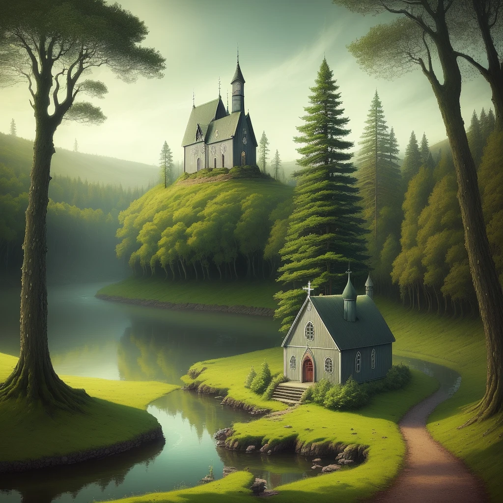 artwork by Alexander Jansson, stunning natural landscape, a small church beyond the river, trees