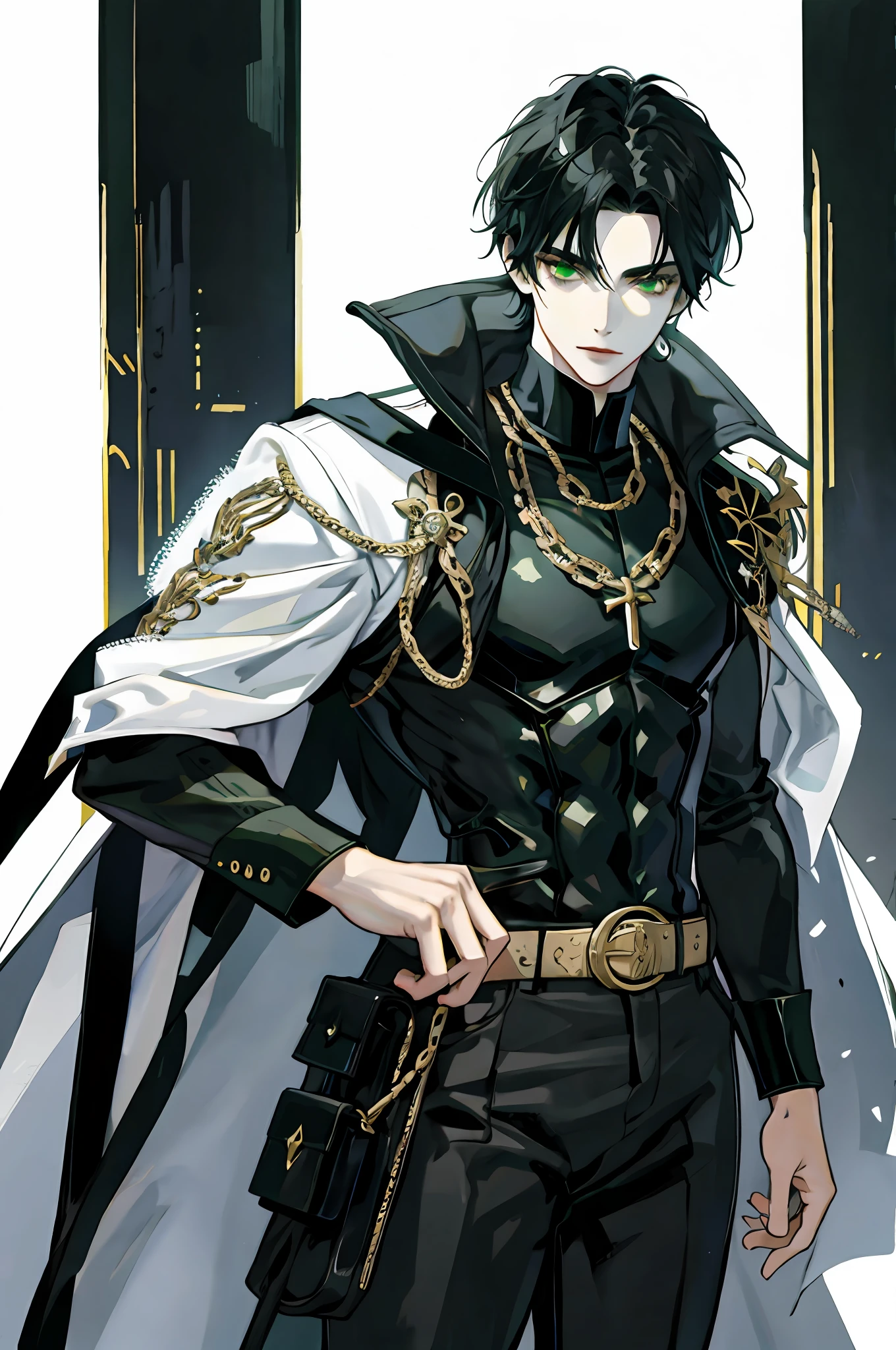Black haired man, green eyes, sexy, royalty, bad boy, white skin, high quality, highly detailed, detailed face, shirtless