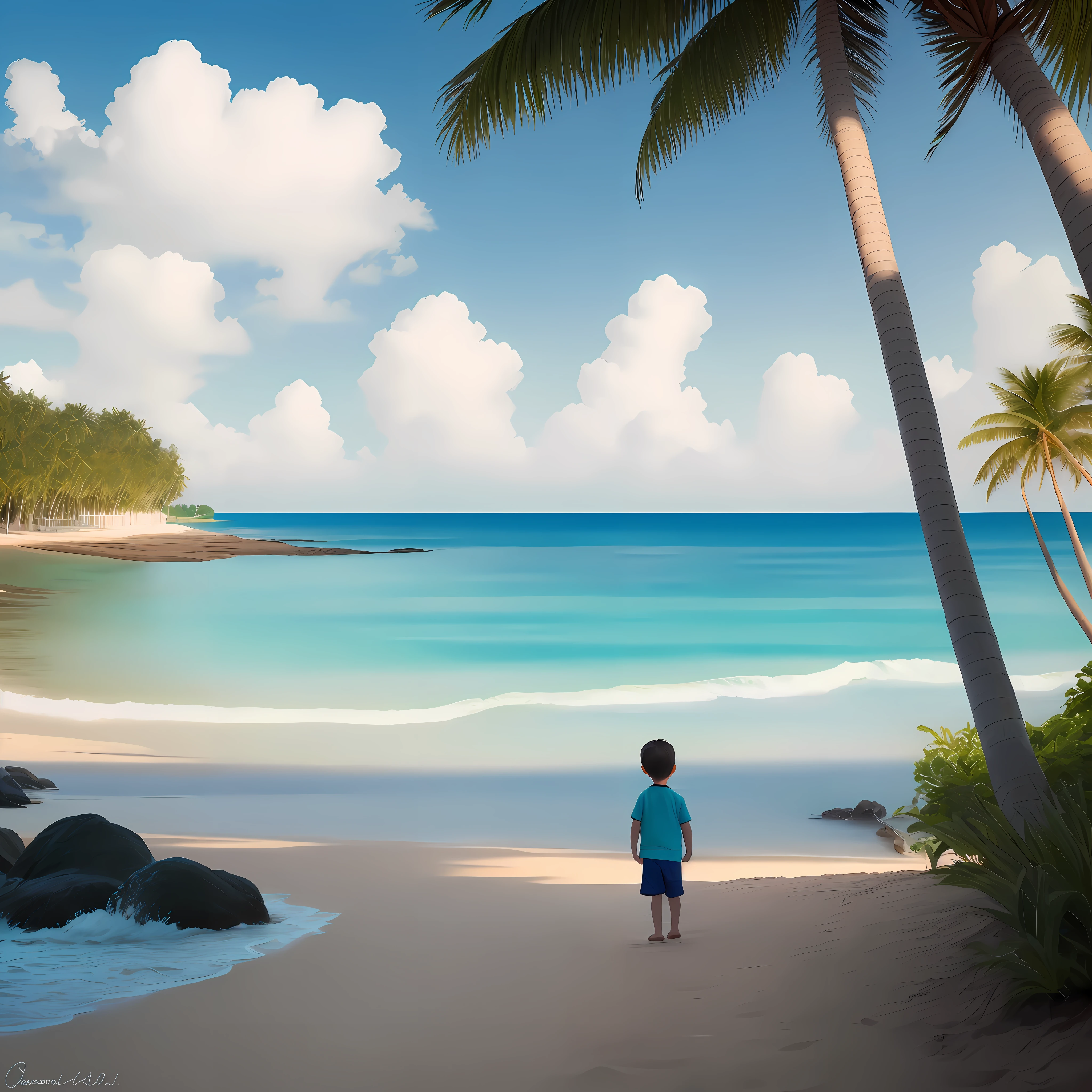 64k, realistic, leisurely little boy, seaside, coconut trees