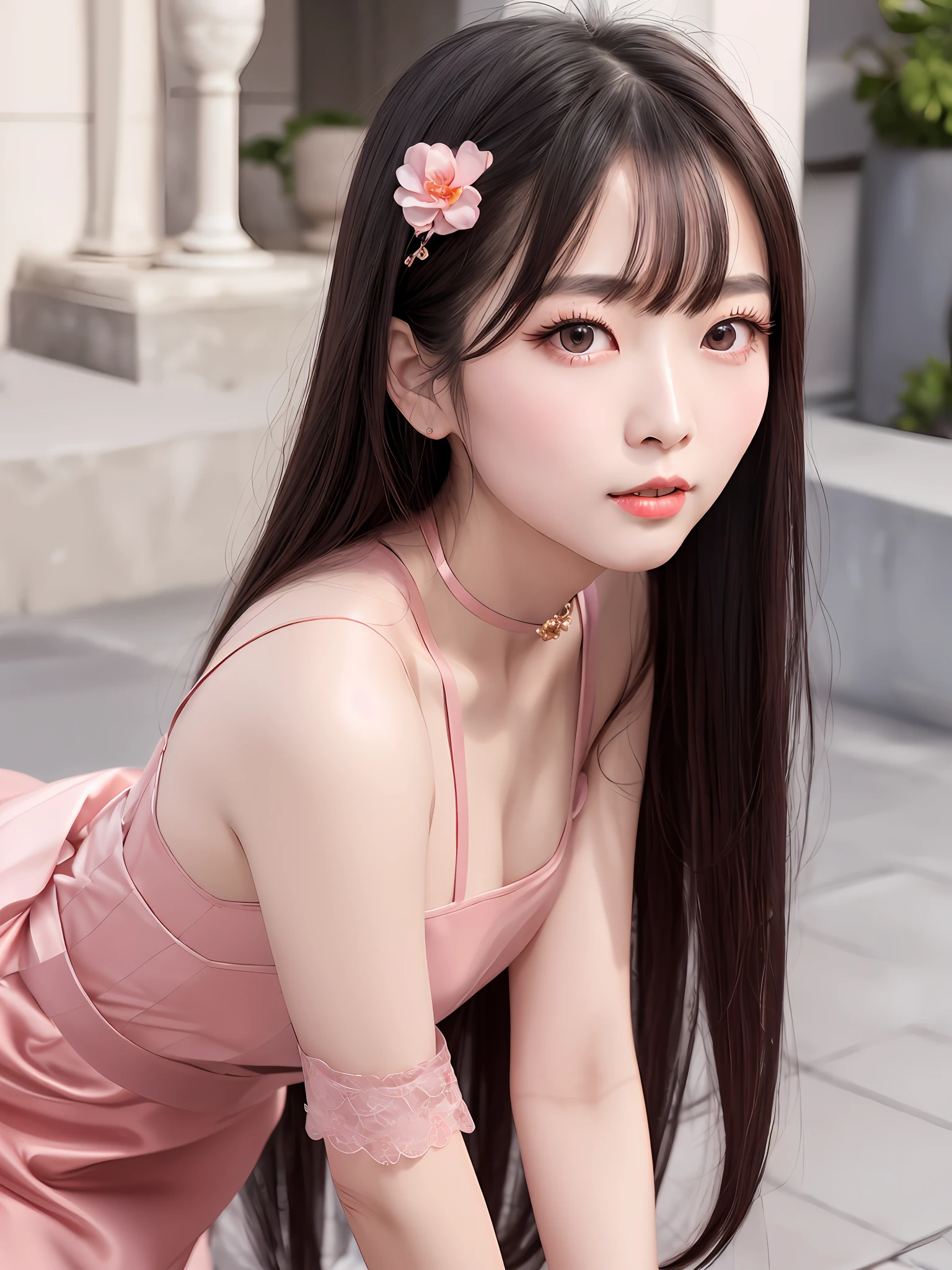 Gentle and charming Chinese beautiful woman, full body photo, super gorgeous knee-length suspender princess dress, exquisite and sexy collarbone, charming oval face, double eyelids, smart peach blossom eyes, pink lips, small nose, bare shoulders, focus on the face , face close-up, UHD, super detail