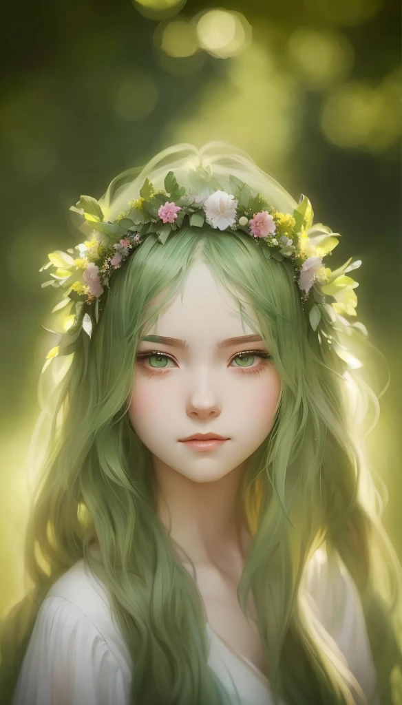 Close up of a girl with green hair wearing a flower crown, guweiz style artwork, beautiful fantasy portrait, beautiful anime portrait, beautiful fantasy art portrait, guweiz, guweiz on artstation pixiv, very beautiful elf portrait, gorgeous digital Painting, stunning anime face portrait, beautiful face in aqua tones, beautiful digital painting, realistic: 1:2, ethereal, glowing, fine detail, photo, cover, green long hair, dynamic, flare, lights effect, wreath