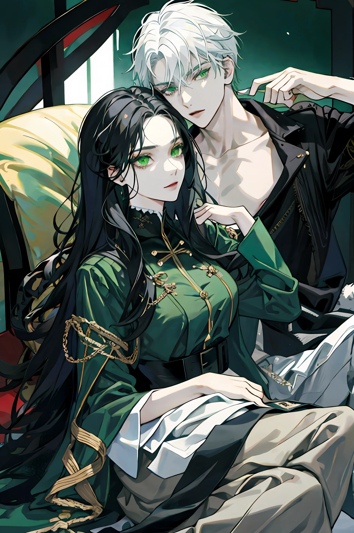 Black haired man, green eyes, sexy, royalty, bad boy, white skin, high quality, highly detailed, detailed face, lying with a white haired woman