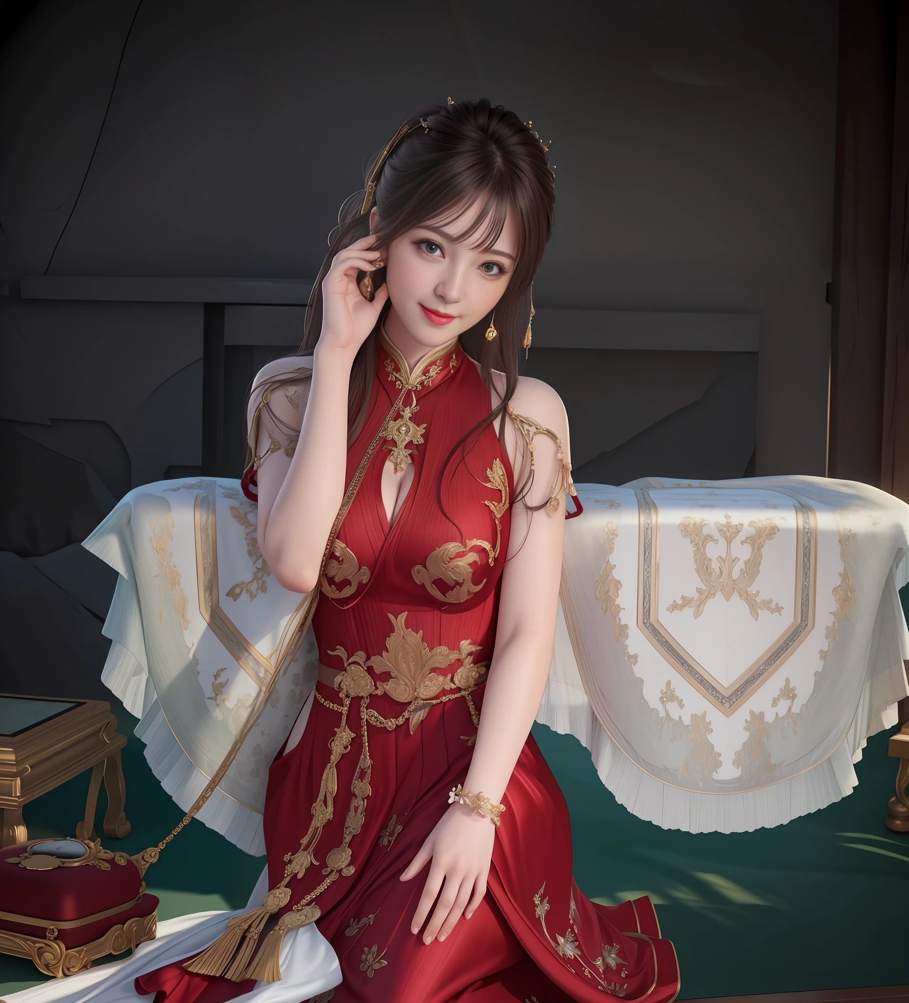 (Realistic:1.5),(raw photo:1.4), (photorealistic:1.3),(masterpiece), best quality, highest quality, extremely detailed CG unity 8k wallpaper, detailed and intricate, original,highres, [:(detailed face:1.2):0.2],film grain, Fujifilm XT3, (high detailed skin:0.9), 8k,(ulzzang-6500:0.9), balcony, show by rock!!, light smile, cleavage, detailed gradient background, full body, sunlight,slim body,beautiful dress,red dress,hand held phone handle