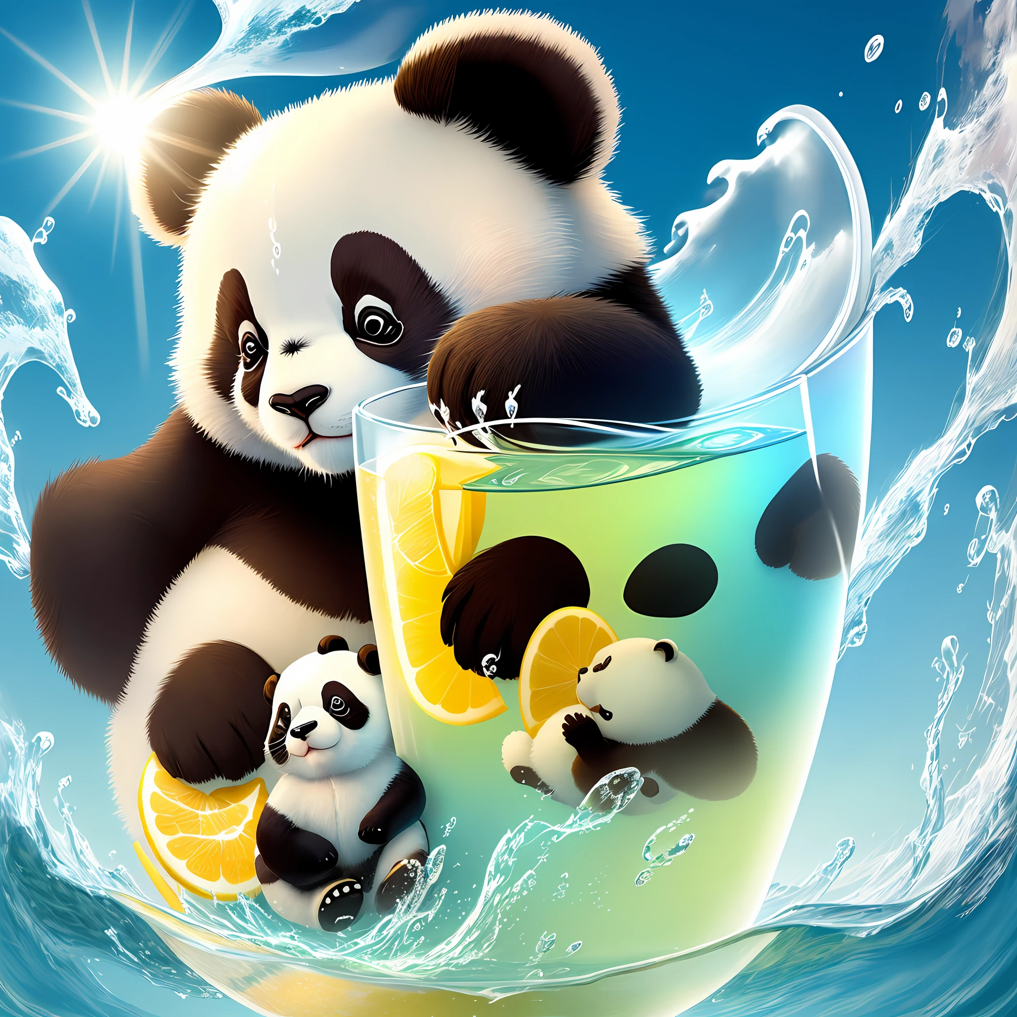 Cartoon profile picture with a panda drinking lemonade, the water glass shines in the sun, ice water