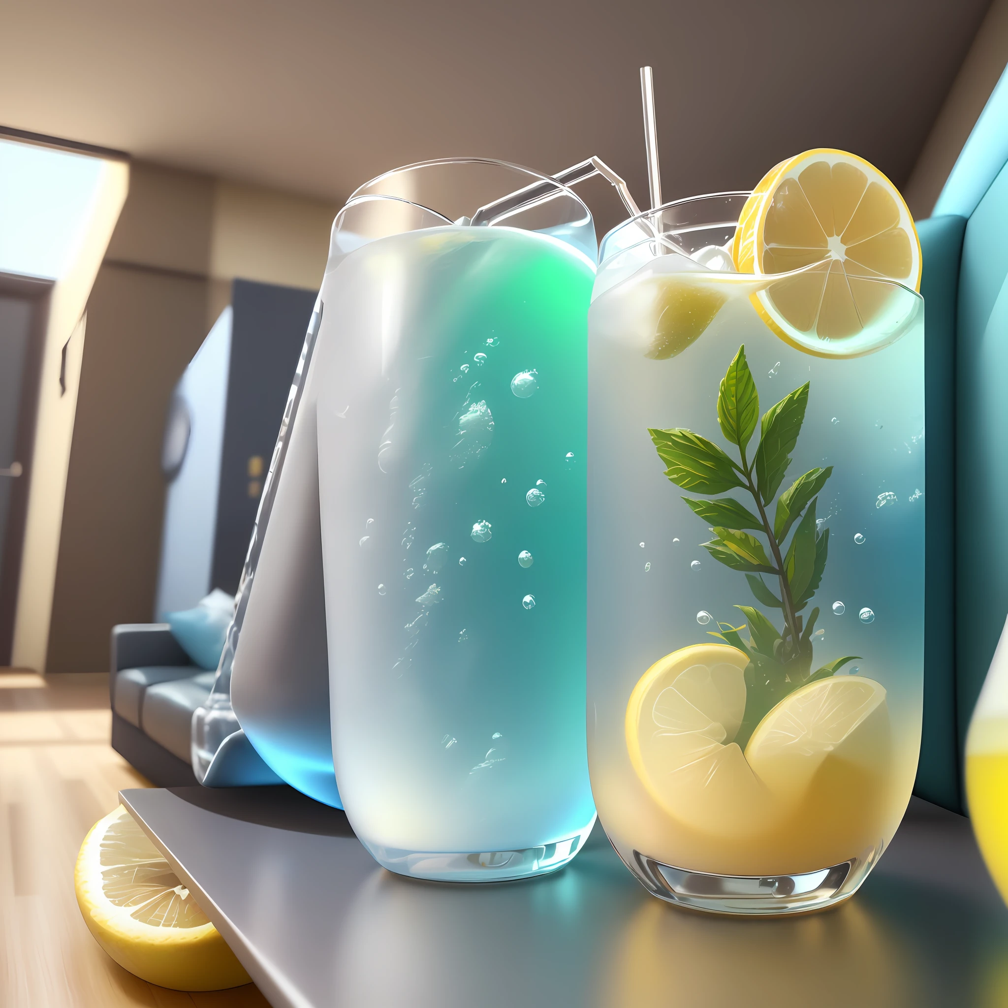 (very cool, ray tracing, octane rendering), specific theme: (living room sofa), scenery tag: (gradient color from yellow to blue), (bubbly soft drink), (contains lemon and mint leaves), x special Drink Container (Panda Head Straw), 3D model isometric, very detailed.