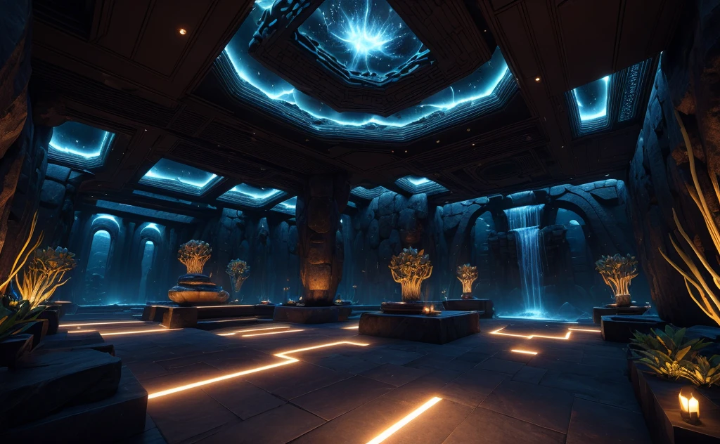 incredible black luxurious futuristic interior in Ancient Egyptian style with many lush plants (lotus flowers:1.5, palm trees:2, rocky walls, sand:1.5, waterfalls:1.2) marble, precious minerals: 2, metals, gemstones, crystals, clouds and water, crocodiles, hieroglyphics: 1.5, ultra luxury:2, black marble – with beautiful lights:1.5, Unreal Engine, HQ, 16k