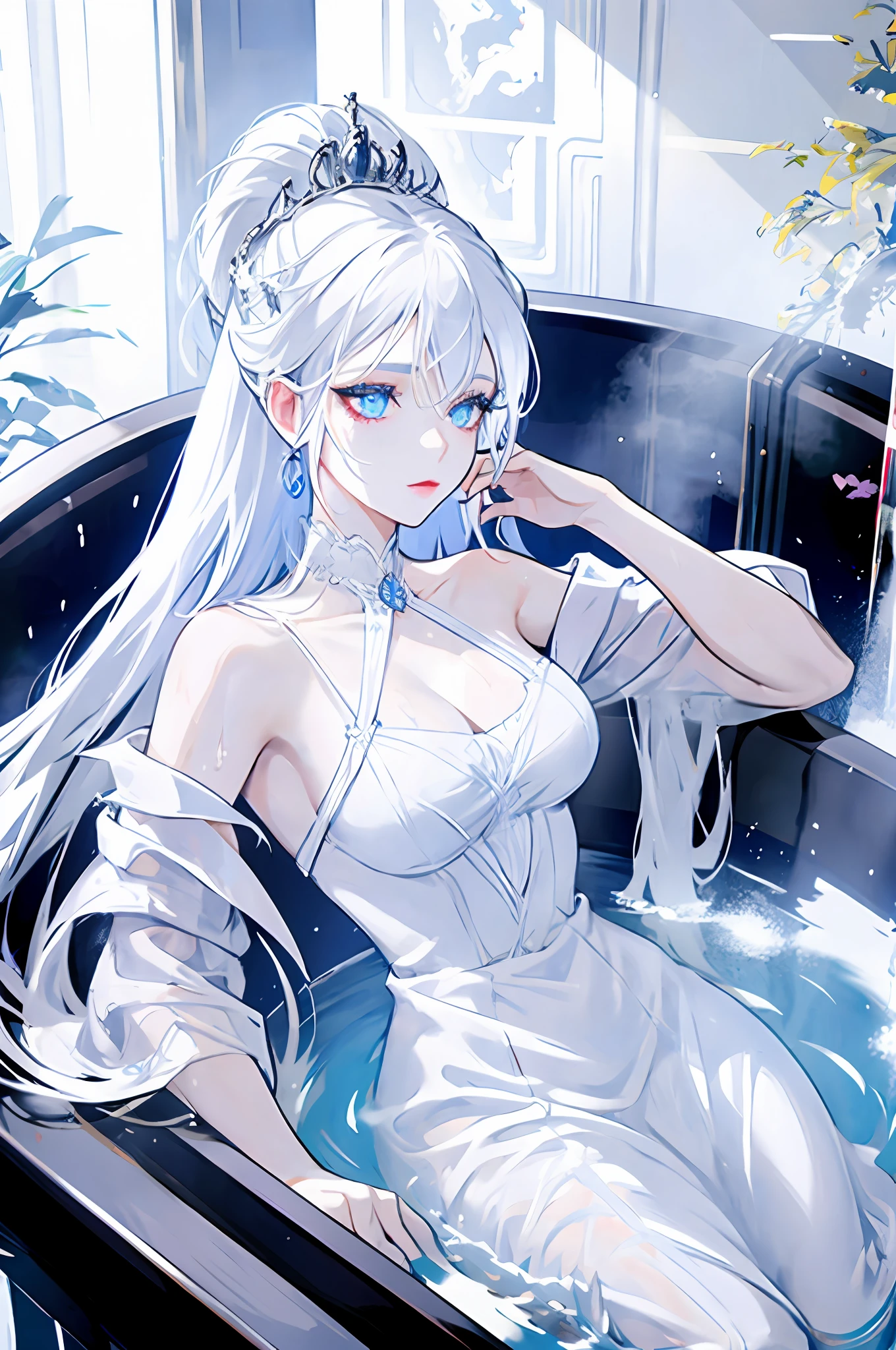 Woman with white hair, light blue eyes, royalty, taking a bath in a tub, transparent dress, high quality, highly detailed, detailed face
