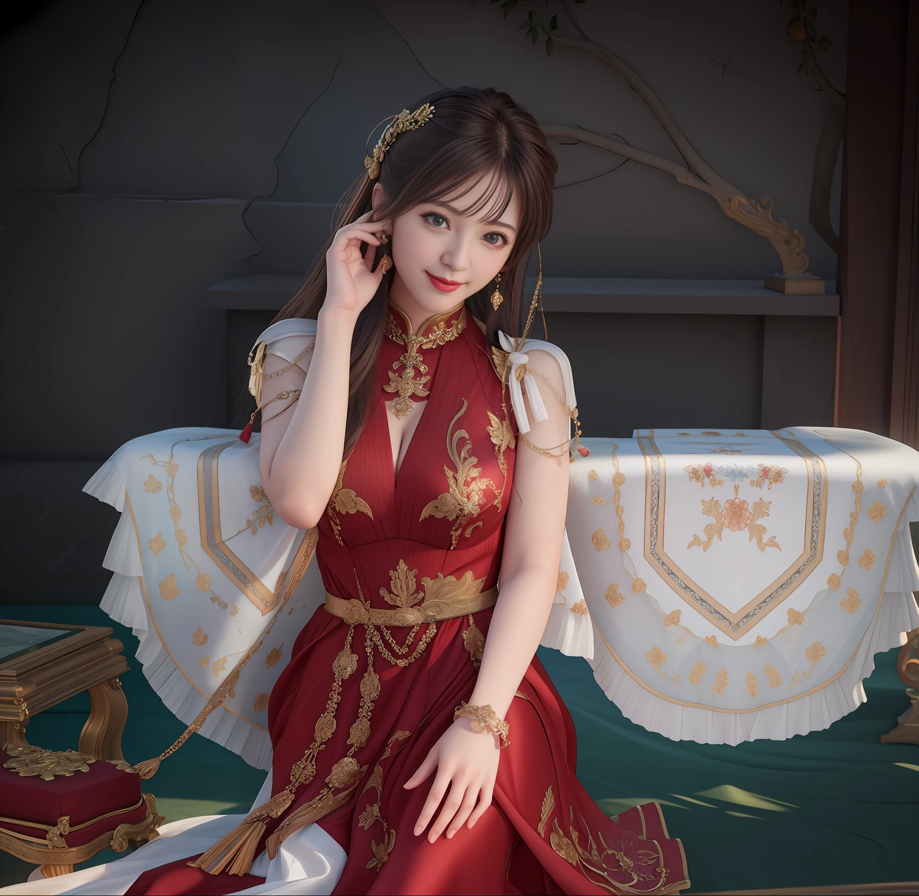 (Realistic:1.5),(raw photo:1.4), (photorealistic:1.3),(masterpiece), best quality, highest quality, extremely detailed CG unity 8k wallpaper, detailed and intricate, original,highres, [:(detailed face:1.2):0.2],film grain, Fujifilm XT3, (high detailed skin:0.9), 8k,(ulzzang-6500:0.9), balcony, show by rock!!, light smile, cleavage, detailed gradient background, full body, sunlight,slim body,beautiful dress,red dress,hand held phone handle,left hand held phone