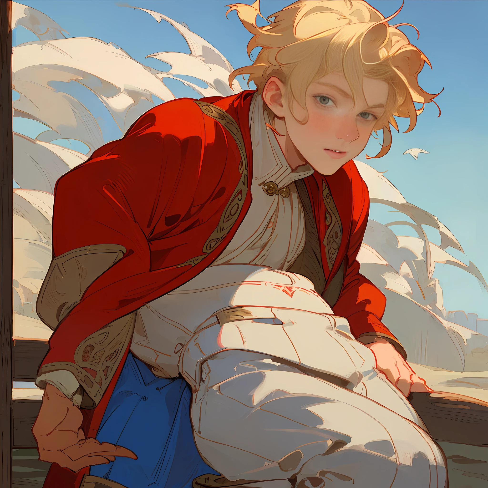 Mucha, Frontal Portrait, blond hair, boy, outdoors, medieval, red, blue, white, trousers, red jacket