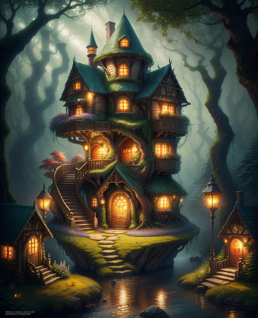 There is a fairy tale house with many lights, beautiful rendering of a fairy tale, fairyland palace, enchanted enchanted fantasy forest, place for fairy tales, very detailed enchanted fantasy, enchanted fantasy forest, sunny and whimsical house, fairytale palace, fantasy house , Fairytale Kingdom Forest, Cozy and Charming Scene, Beautiful and Detailed Fantasy, Elf House, Highly Detailed Fantasy, Fairytale Forest, Realistic: 1:2, HD, 8K, Fine Detail, Photo, Photo, Cover