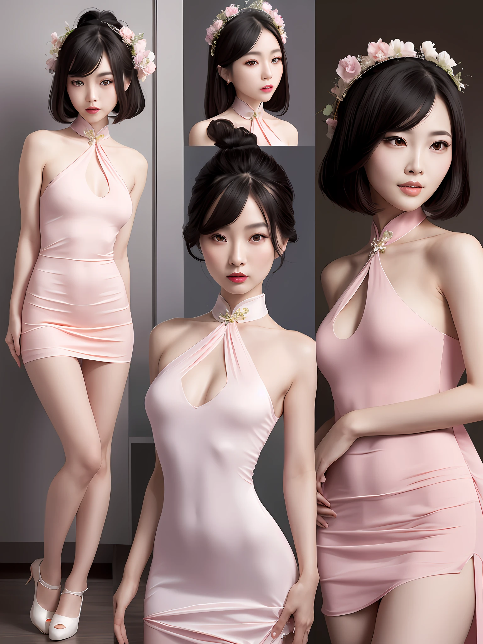 A gentle and beautiful Chinese woman, full body photo, super gorgeous knee-length dress, exquisite and sexy collarbone, charming oval face, double eyelids, vivid peach blossom eyes, pink lips, small nose, bare shoulders, focus on the face, face Body close-up, ultra-high-definition, super details, elegant standing posture
