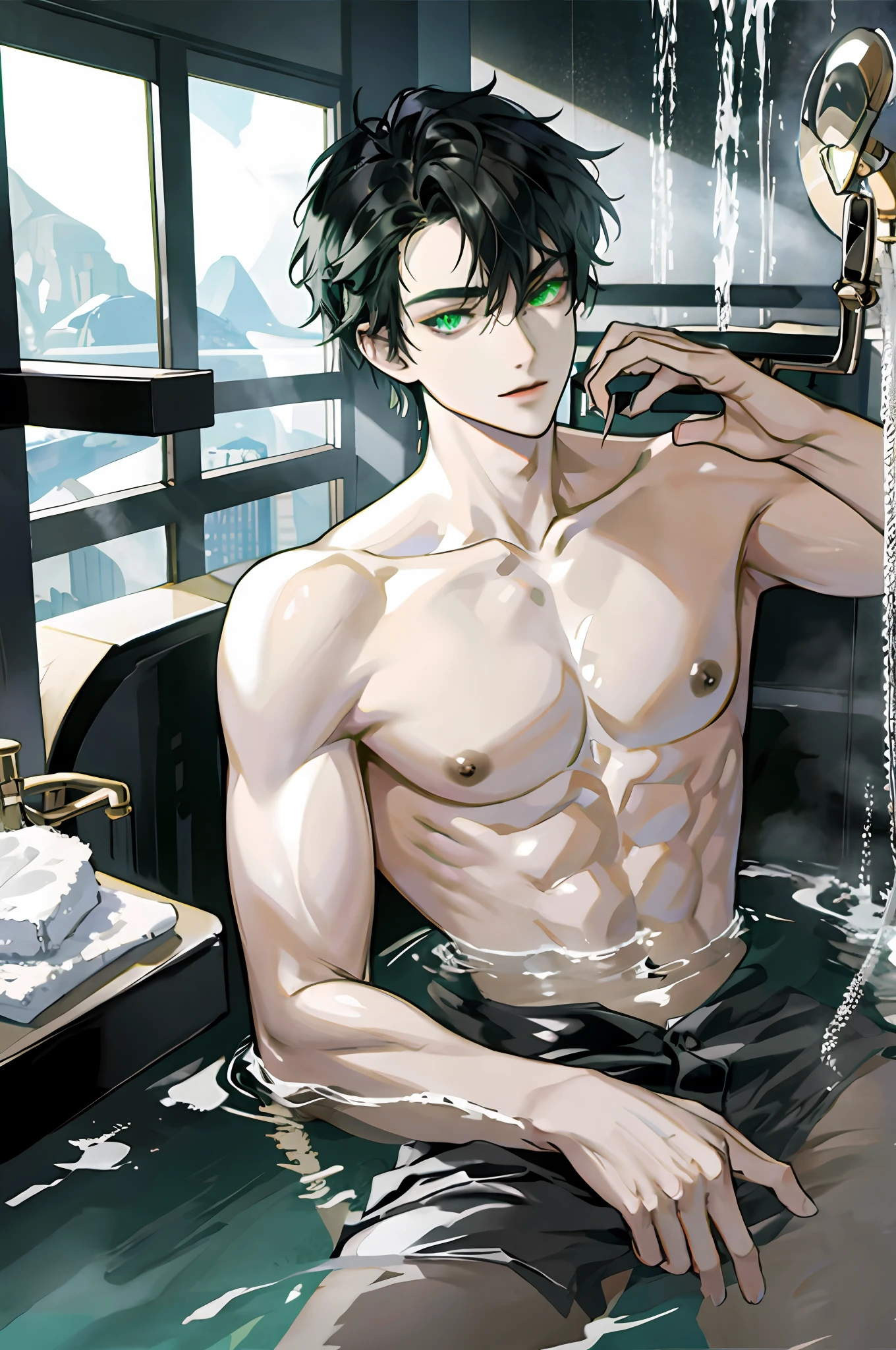 Black hair man, green eyes, sexy, royalty, bad boy, white skin, high quality, highly detailed, detailed face, nude in bathtub, water, crystal clear water, bathroom, shower