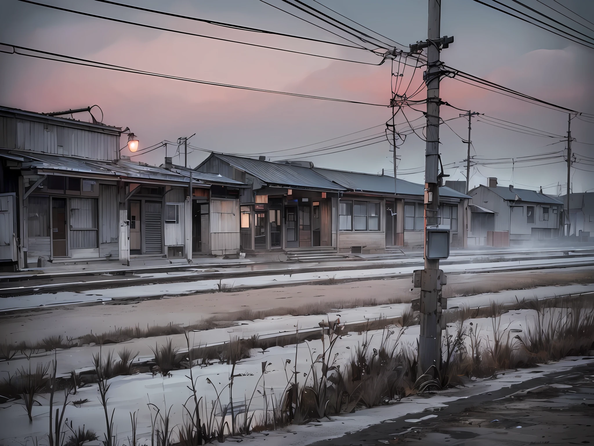 (8k, RAW photos, best quality, proficiency: 1.2), (fidelity, reuthentic: 1.37), old train station scenery, (Dusk), ((telephone poles)), ((cool colors)), (desolation), (gray and bleak atmosphere, lonely),absurdity, realistic lighting, (abyss), masterpiece, high quality, beautiful graphics, high detail,--v6