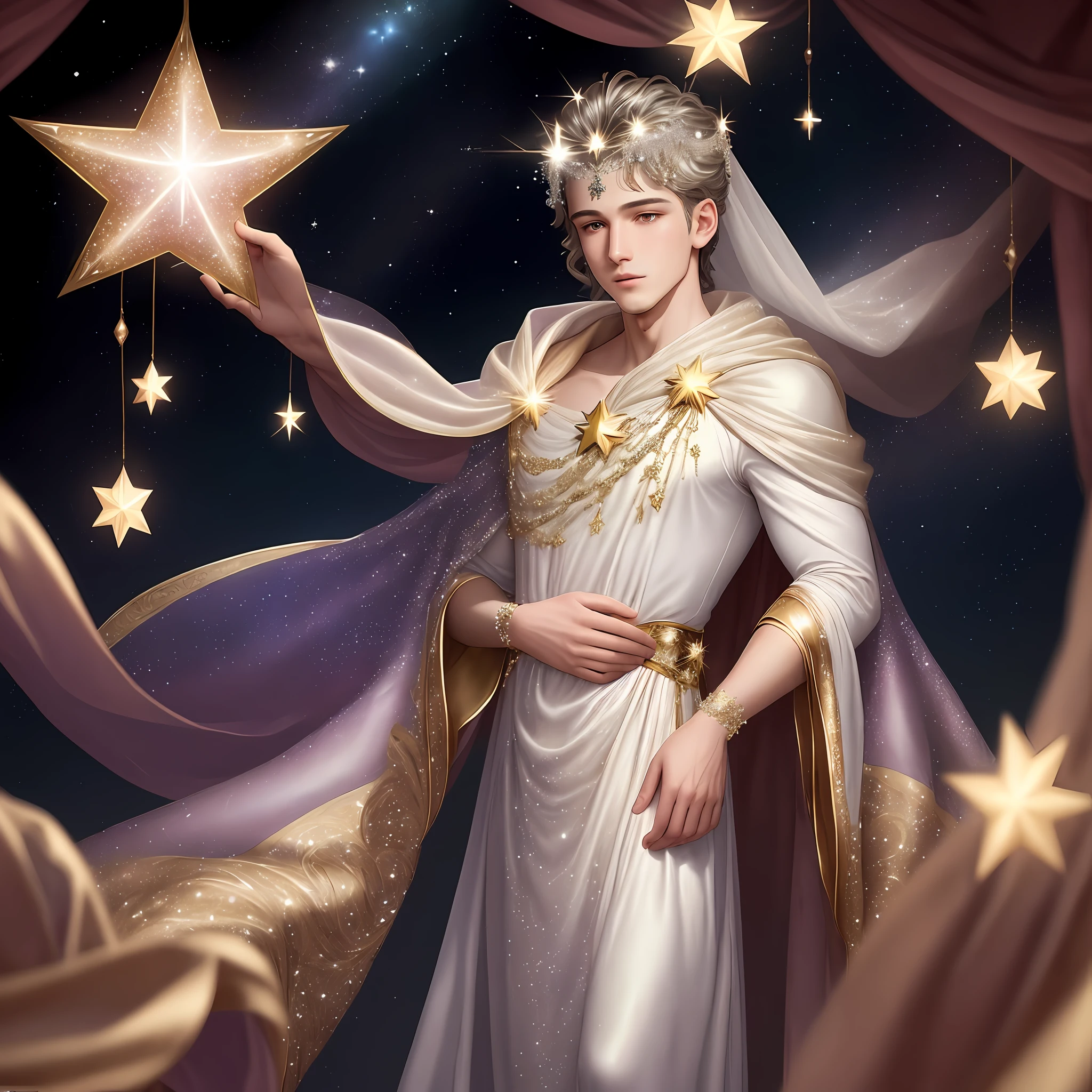 The star: The star that visits the boy is described as "glittering and sparkling," so it is likely that it would be adorned with jewels or sequins. It may be depicted wearing a flowing gown or robe, perhaps made of silk or velvet, that shimmers in the light. make a image representing start in human