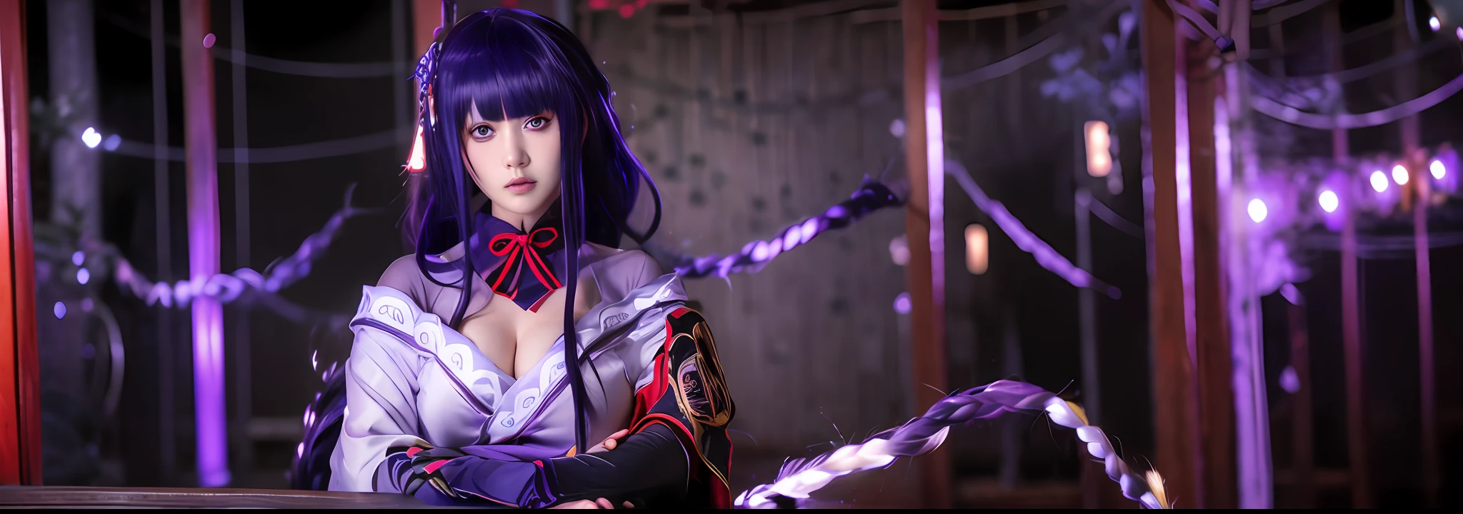 1girl, blunt bangs, braid, wide sleeves, hair ornament, japanese clothes, red obi, (purple hair:1.2), very long hair, straight hair, looking at viewer, highly detailed background, (photo realistic:1.2), detailed eyes, red eyeshadow, depth of field, symmetry eyes, (ulzzang-6500:0.7), (solo:1.2), (cyberpunk city:1.1), cleavage, hand on lips