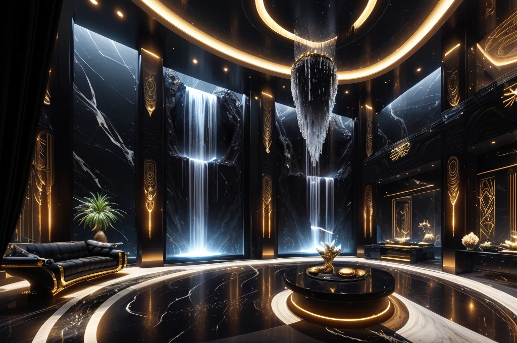 incredible black luxurious futuristic interior in Ancient Egyptian style with many lush plants (lotus flowers:1.5, palm trees:1.8, rocky walls, sand:1.5, waterfalls:1.2) marble, precious minerals: 1.5, metals, gemstones, crystals, clouds and water, crocodiles, hieroglyphics: 1.5, (ultra luxury:1.9), black marble – with beautiful lights:1.5, Unreal Engine, HQ, 16k