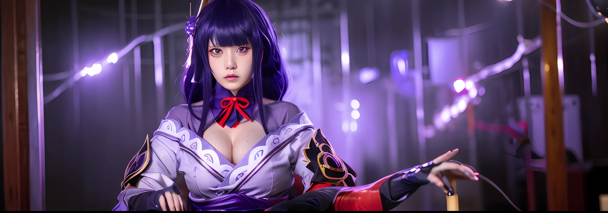 1girl, blunt bangs, braid, wide sleeves, hair ornament, japanese clothes, red obi, (purple hair:1.2), very long hair, straight hair, looking at viewer, highly detailed background, (photo realistic:1.2), detailed eyes, red eyeshadow, depth of field, symmetry eyes, (ulzzang-6500:0.7), (solo:1.2), (cyberpunk city:1.1), cleavage, hand on lips