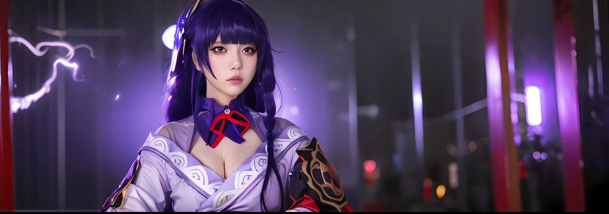 1girl, blunt bangs, braid, wide sleeves, hair ornament, japanese clothes, red obi, (purple hair:1.2), very long hair, straight hair, looking at viewer, highly detailed background, (photo realistic:1.2), detailed eyes, red eyeshadow, depth of field, symmetry eyes, (ulzzang-6500:0.7), (solo:1.2), (cyberpunk city:1.1), cleavage, hand on lips
